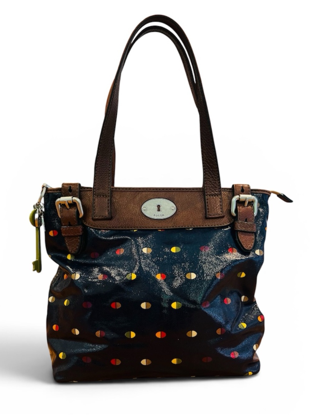 💙Fossil Key-Per Coated Canvas Navy Polkadot Tote w Brown Trim & Straps